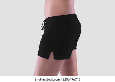 Mockup Of Black Men's Boxers With Ties, Side View, Underpants For Swimming On A Man, Isolated On Background. Template Fashion Trunks On A Guy With A Naked Body. Swimwear, Shorts