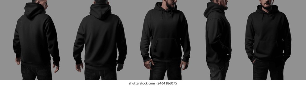 Mockup of black oversized hoodie on brutal man, isolated on background. Set of front, side, back, fashionable apparel for design, branding, advertising. Male sweatshirt template with hood, ties, cuffs