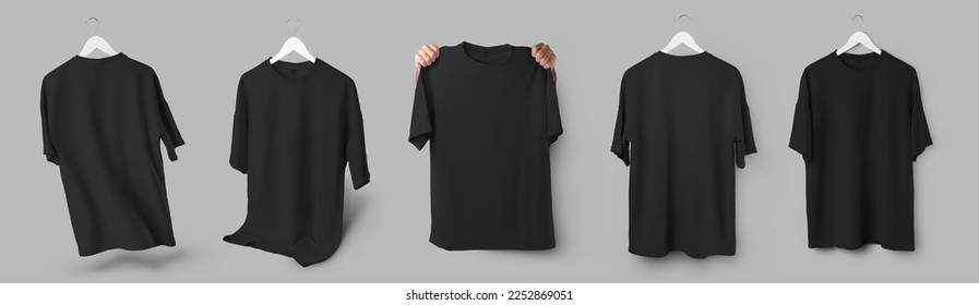 Mockup of black oversized t-shirt hanging on wooden hanger, in hands, front, back view, isolated on background. Set. Fashion unisex clothing template, for men, women, for design, pattern, advertising