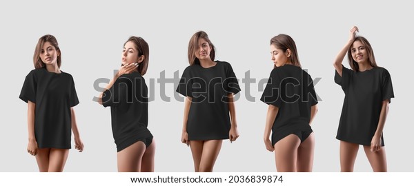 Mockup of a black oversized t-shirt on a sexy naked\
girl in panties, isolated on background in the studio. Fashion\
womens clothing template for design presentation, online store\
advertising. Set