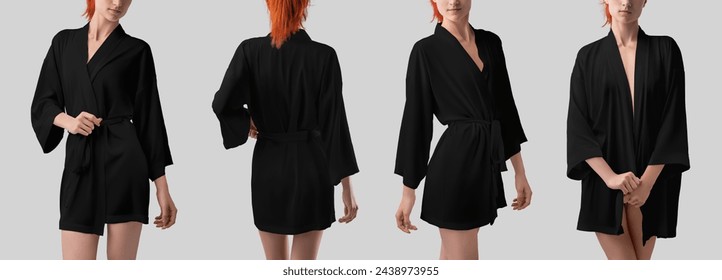 Mockup of black silk robe with belt on slender girl, set of stylish home clothes, isolated on background, front, back view. Women's short kimono template for design, print, pattern, branding