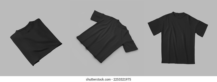 Mockup of black t-shirt oversize, folded, wrinkled clothing for men, women, isolated on background, front. Set. Fashion clothes unisex template for design, pattern, advertising in an online store.