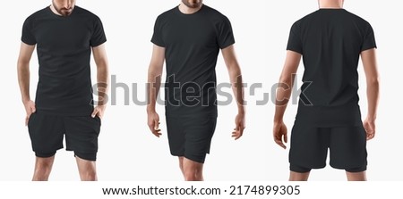 Mockup of a black t-shirt, shorts with a compression line of underpants, on a sporty man isolated on background, front, back view. Sportswear template for design, advertising. Set of training clothes