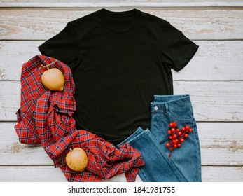 Mockup Black Unisex T Shirt With Shirt, Pant And Fruit On Wood Background Flat Lay