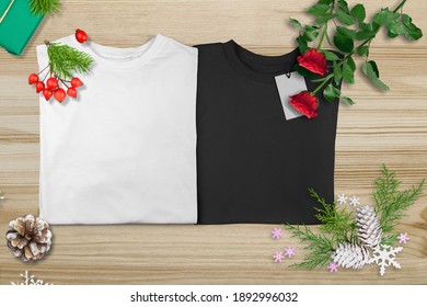 Mockup Black And White Shirt Flat Lay With Christmas Decor