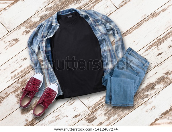 Mockup Blank Black T Shirt Jeans Stock Photo (Edit Now) 1412407274