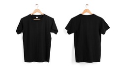 Black t-shirt mockup with hanger hanging on white background. front and ...