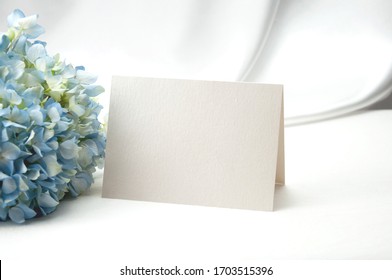Mockup Blank Card, For Name Place, Folded, Greeting, Invitation With Hydrangea Flower On White Background.