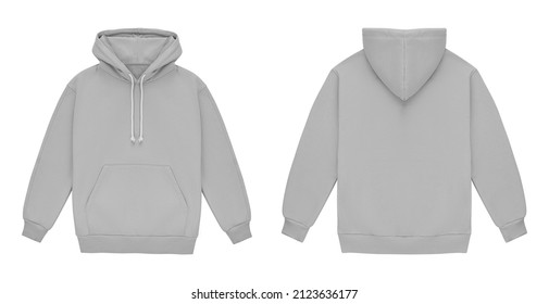 Mockup Blank Flat Grey Hoodie. Hoodie Sweatshirt With Long Sleeve Template For Branding. Hoody Front And Back Top View Isolated On White Background