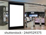 Mockup blank LED Screen billboard in front of entrance of cosmetics store in shopping mall, Empty space to insert multimedia, advertisement, promotion at prominent positions to attract attention