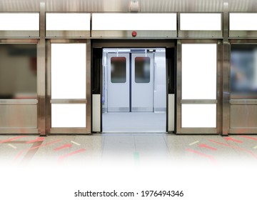 Mockup Of Blank Poster Advertising Space In Generic Train Station; OOH Mock Up. Straight Front View Of MRT Platform, Without People