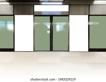 Mockup Of Blank Poster Advertising Space In Generic Train Station; OOH Mock Up. Straight Front View Of MRT Platform, Without People