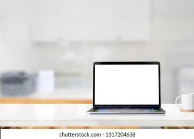 Mockup Blank Screen Laptop On Kitchen Counter