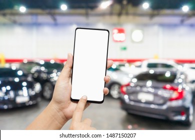 Mockup Blank Screen Mobile Phone For App Or Web Site Mockup Promotion. Ideal For Auto Dealership, Automobile Service Online, Smart Car Concept, Car Shopping Online.