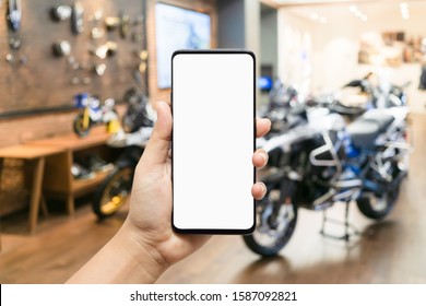 Mockup Blank Screen Mobile Phone For App Or Web Site Mockup Promotion. Ideal For Motorcycle Dealership, Motorbike Service Online, Smart Scooter Concept, Sport Motor Cycle Or Chopper Shopping Online.