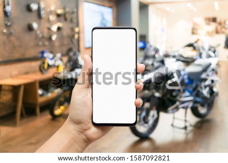 Mockup blank screen mobile phone for app or web site mockup promotion. Ideal for motorcycle dealership, motorbike service online, smart scooter concept, Sport motor cycle or Chopper shopping online.