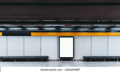 Mockup of a blank white advertising urban billboard indoors in subway hall; empty information banner placeholder template on the metro or railroad station with two concrete benches on the sides