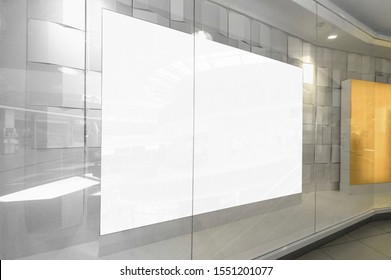 Mockup Of Blank White Horizontal Indoor Advertising Billboard At The Storefront Window In Shopping Centre Or Mall