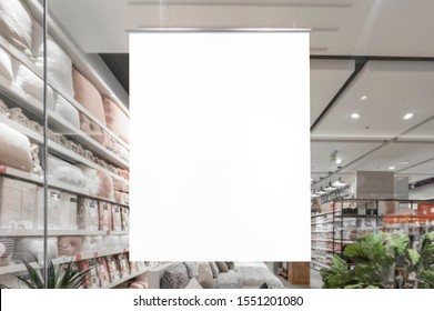 Mockup Of Blank White Vertical Indoor Advertising Poster Hanging At The Storefront Window In Shopping Centre Or Mall