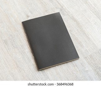 Mockup Book Blank Black A4 Leather Cover For Magazine, Booklet, Brochure, Menu, Diary, Business Portfolio Mock-up Design Template On Wooden Table Background