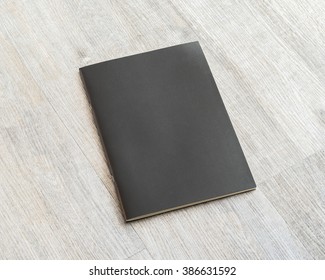 Mockup Book Blank Black A4 Leather Cover For Magazine, Booklet, Brochure, Menu, Diary, Business Portfolio Mock-up Design Template On Wooden Table Background