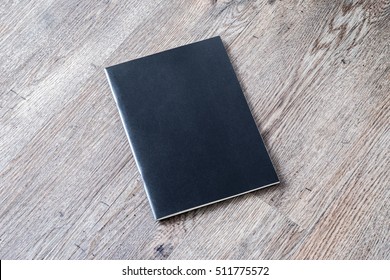 Mockup Book Blank Black A4 Leather Cover For Magazine, Booklet, Brochure, Menu, Diary, Business Portfolio Mock-up Design Template On Wooden Table Background