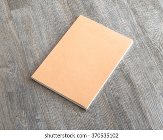 Mockup Book, Catalog, Magazines Blank Cover Template With Recycle Brown Paper Texture On Wood Table