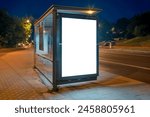 Mockup Of Bus Stop Advertising Billboard On A City Street At Night. Outdoor Poster Lightbox With Car Light Trails In The Background