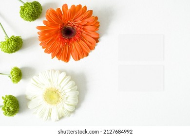 Mockup Business Card With Gerbera Leaves On The White Background