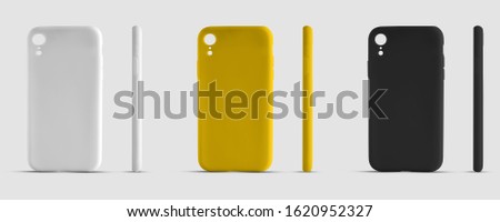 Mockup case for smartphone isolated on background for design presentation. Template plastic cover for advertising in the online store. Set of 3 containers, yellow, black and white