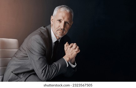 Mockup, chair and portrait of businessman, lawyer or attorney, confidence on dark background and studio space. Boss, ceo and professional business owner, proud senior executive director at law firm. - Shutterstock ID 2323567505