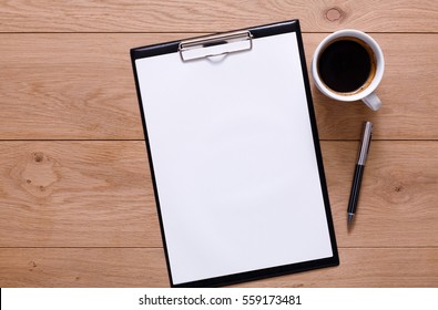 Mockup For Check List, Empty Note Paper With Pen And Coffee Cup On Brown Wood Background. Office, Writer Or Study Concept