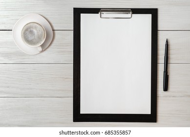 Mockup For Check List, Empty Note Paper With Pen And Coffee Cup On Wooden Background. Office, Writer Or Study Concept