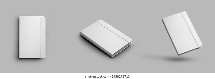 Mockup of closed white notepad with elastic band, organizer for notes, planning, daily. Set of hardcover notebooks, presentation diagonally, isolated on background. Stylish textured book template