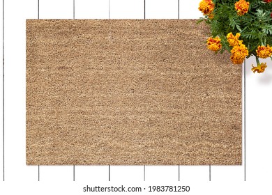 Mockup Of Coir Doormat On Wooden Floor With Flowers