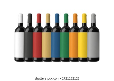 Mockup of colorful wine bottles on white background