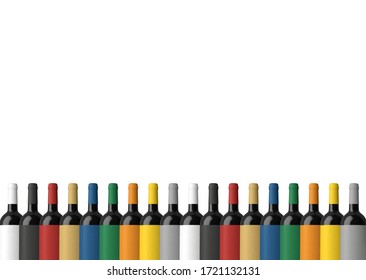 Mockup of colorful wine bottles on white background