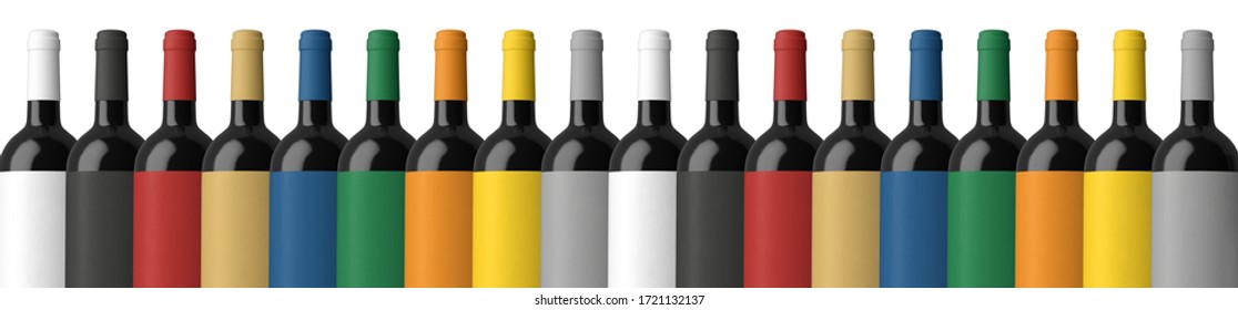 Mockup of colorful wine bottles on white background