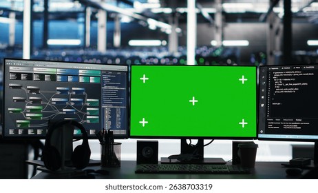 Mockup computers in data center facility manage supercomputers hardware energy consumption through node tree software. Green screen PCs automate server farm processes using visual programming tool