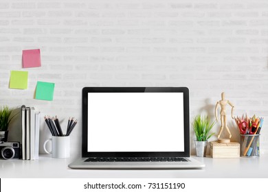 Mockup Copy Space Blank Screen Laptop And Office Supplies On White Desk. Stylish Workspace Concept.