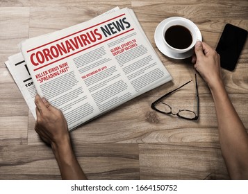 Mockup Of Coronavirus Newspaper, News Related Of The COVID-19 With The The Headline In Paper Media Press Production Concept In Businessman Hands