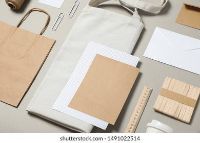 Mockup. Corporate Stationery On Grey Background, Copy Space