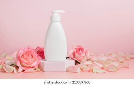 Mockup Cosmetic Liquid Soap Dispenser Or Body Lotion Bottle With Pink Rose, Banner Size, Copy Space, Natural Cosmetic