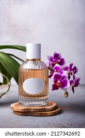 Mockup of cosmetic product. Glass bottle of pink perfume on wooden pedestal with beautiful purple orchid flowers on modern grey background