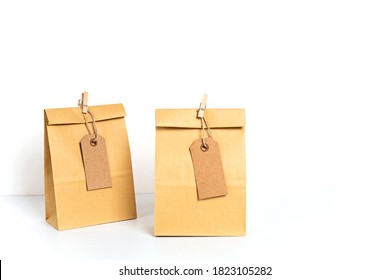 Mockup With Craft Paper Bag. Template For Small Business Branding, Gifts, Presents. Copy Space