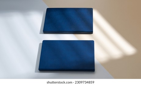 Mockup of dark blue business notepad in leather cover without logo. A5 diary