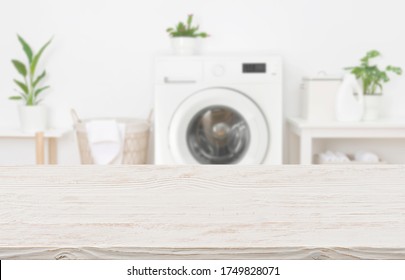 Mockup For Design Of Empty Wooden Table In Laundry Room