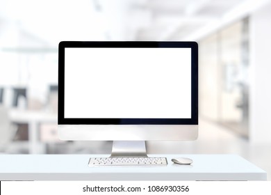 Mockup Desktop Computer On White Desk In Office.