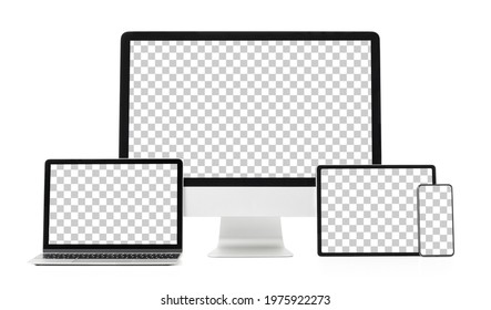 Mockup of different tech gadgets with transparent pattern on screens, isolated on white background