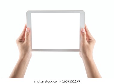 Mock-up Digital Tablet In Hand Isolated On White Background With Clipping Path Inside